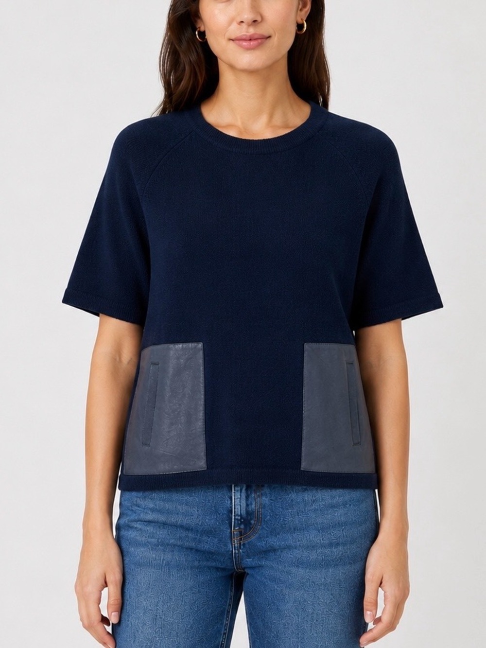 J.Crew Merino Wool Leather Pocket Short Sleeve Sweater Navy Size Large